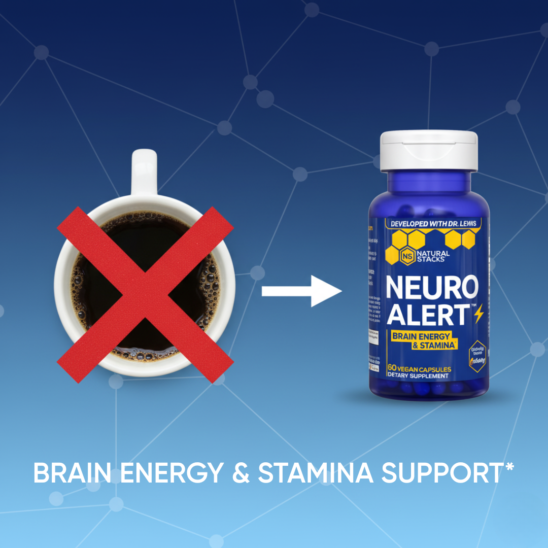 Neuro Alert supplement bottle with a coffee cup crossed out on a blue background
