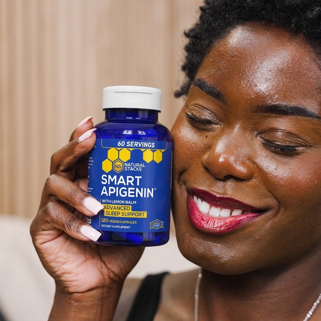 A woman smiling holding a bottle of Smart Apigenin against her face with blurred background