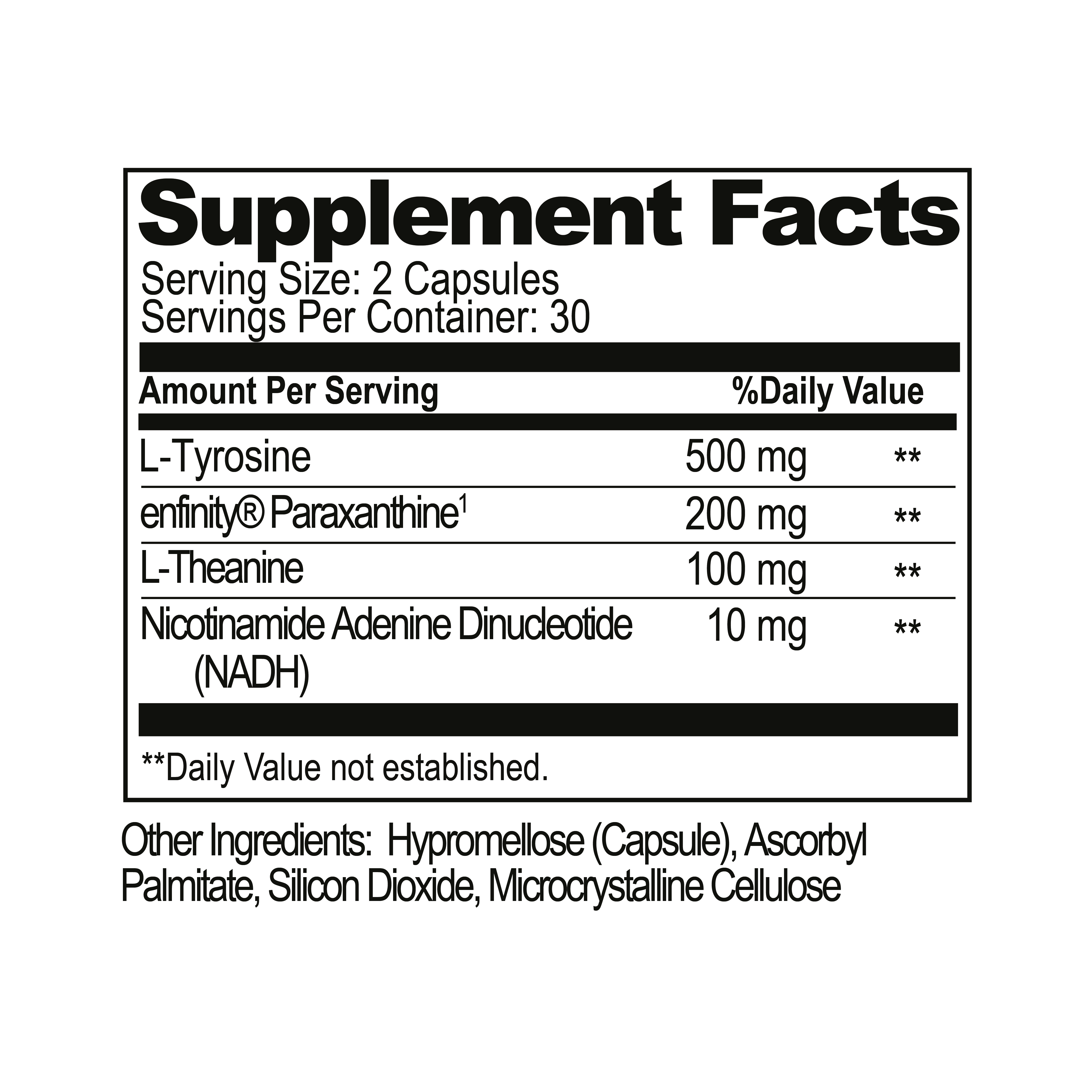 Supplement facts label with various ingredients and their amounts per serving.