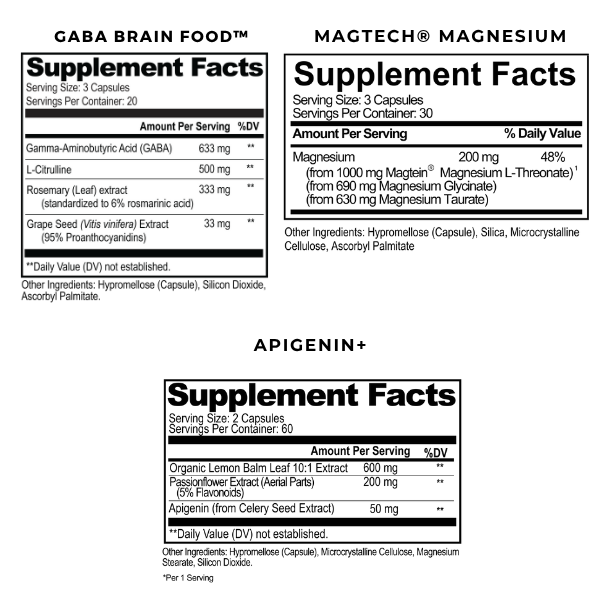 Supplement facts label for GABA Brain Food, Magtech Magnesium, and Apigenin+ on a white background.