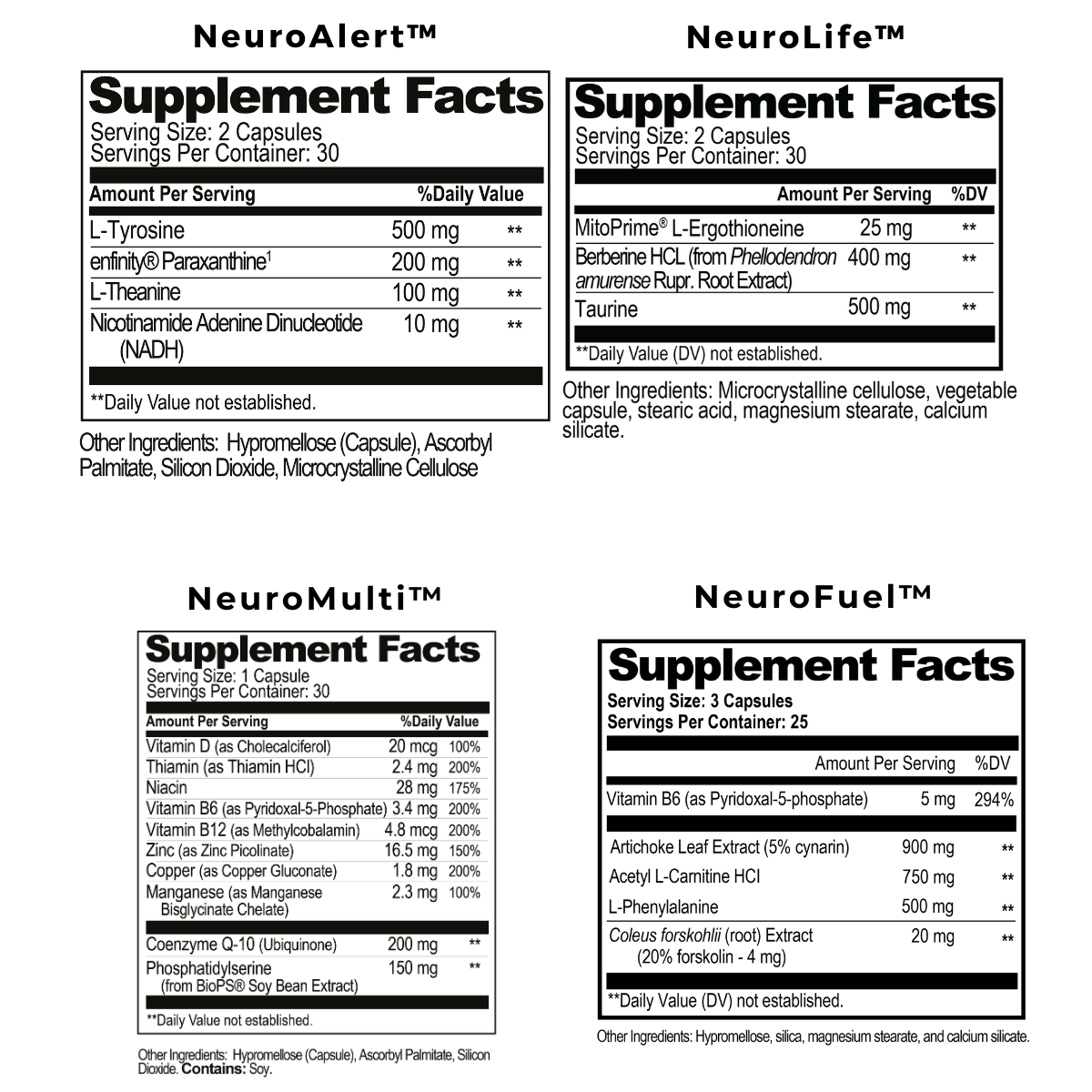 Supplement labels for NeuroAlert, NeuroLife, NeuroMulti, and NeuroFuel on a white background.