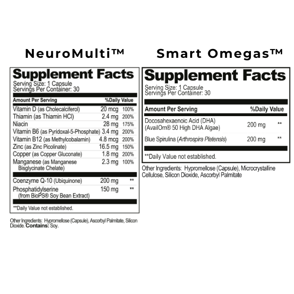 Supplement facts label for NeuroMulti and Smart Omegas on a white background