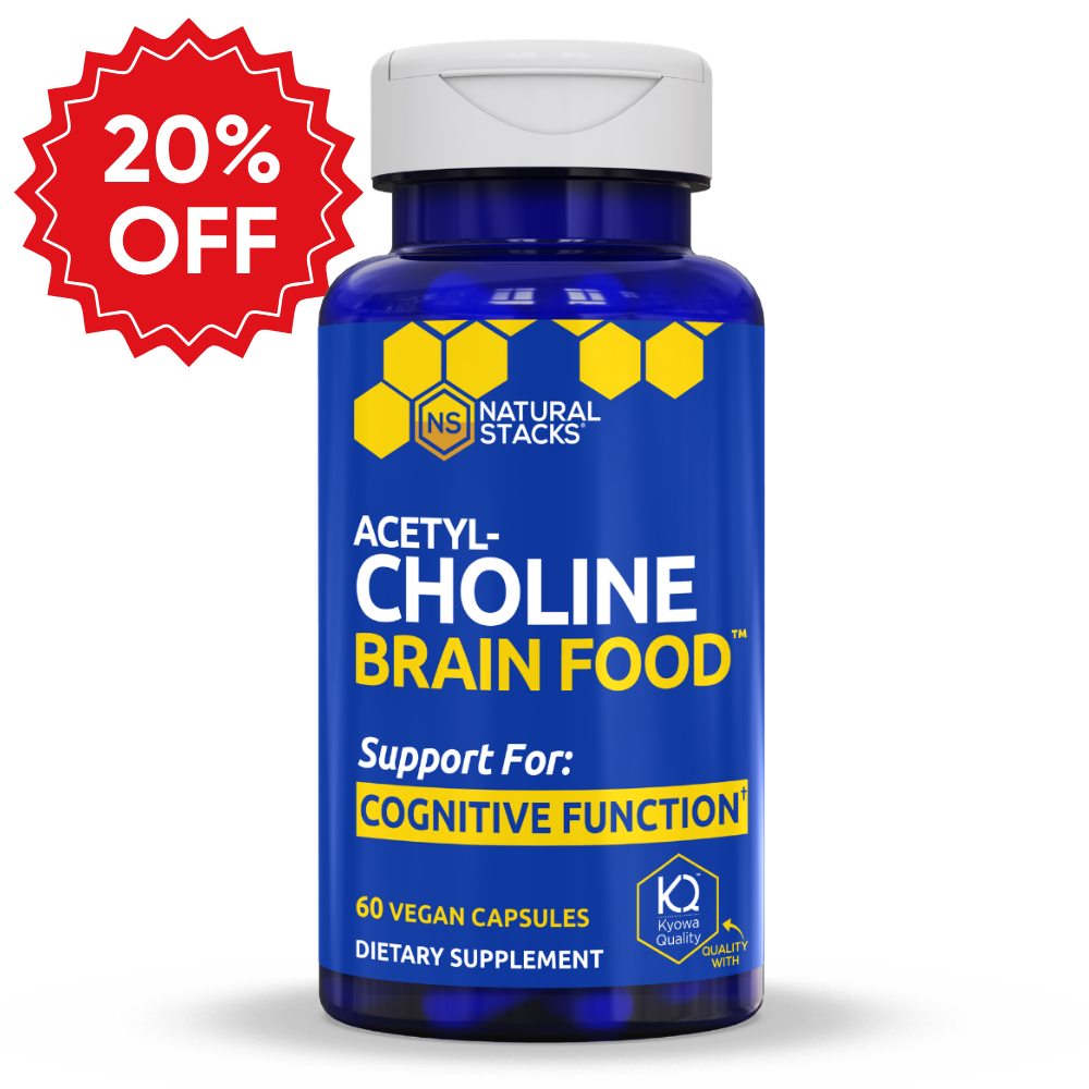 Bottle of Acetylcholine Brain Food supplement for mental clarity by Natural Stacks.