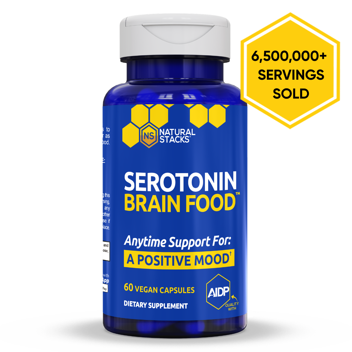 Bottle of Serotonin Brain Food dietary supplement with text 'Anytime Support for a Positive Mood.'
