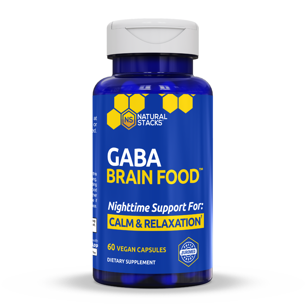 Bottle of Natural Stacks GABA Brain Food, labeled for calm and relaxation with 60 vegetarian capsules.