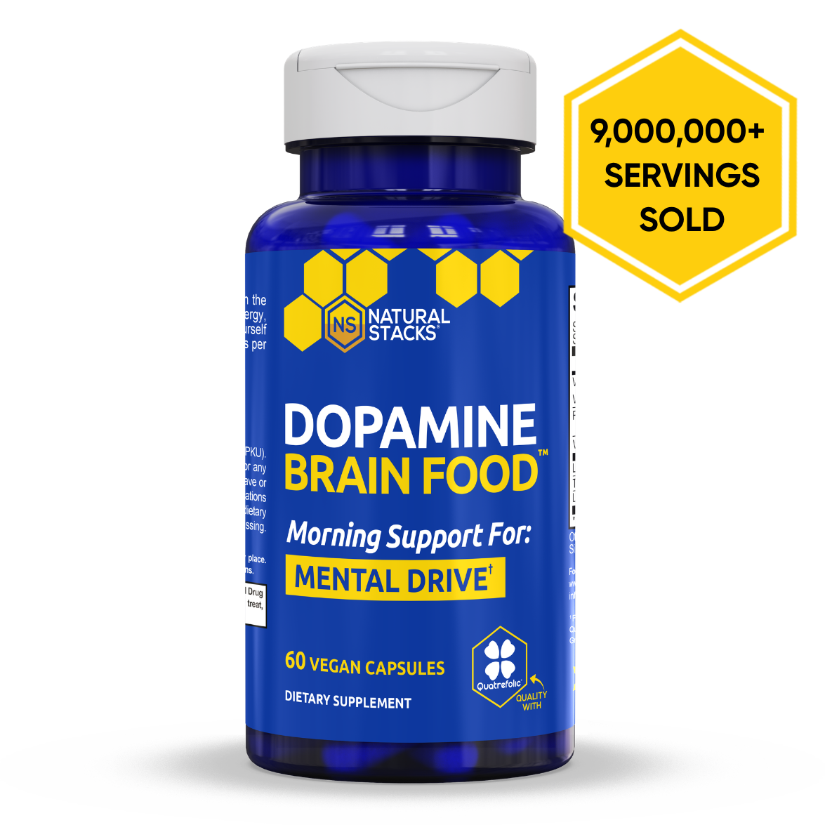 Bottle of Dopamine Brain Food, a dietary supplement for mental drive, with a note of 4,000,000+ servings sold.