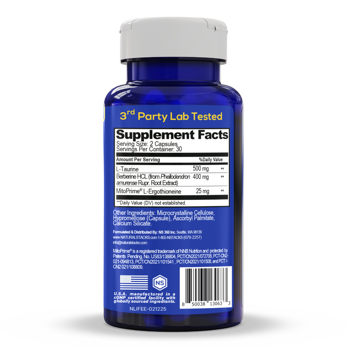Back of a bottle with Supplement facts and product ingredients