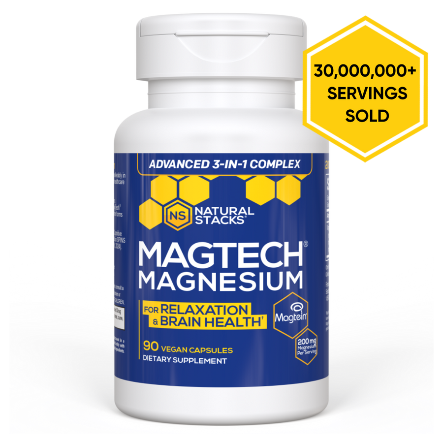 Bottle of Magtech Magnesium with a “Serving Sold” sticker placed on the top right corner of the image
