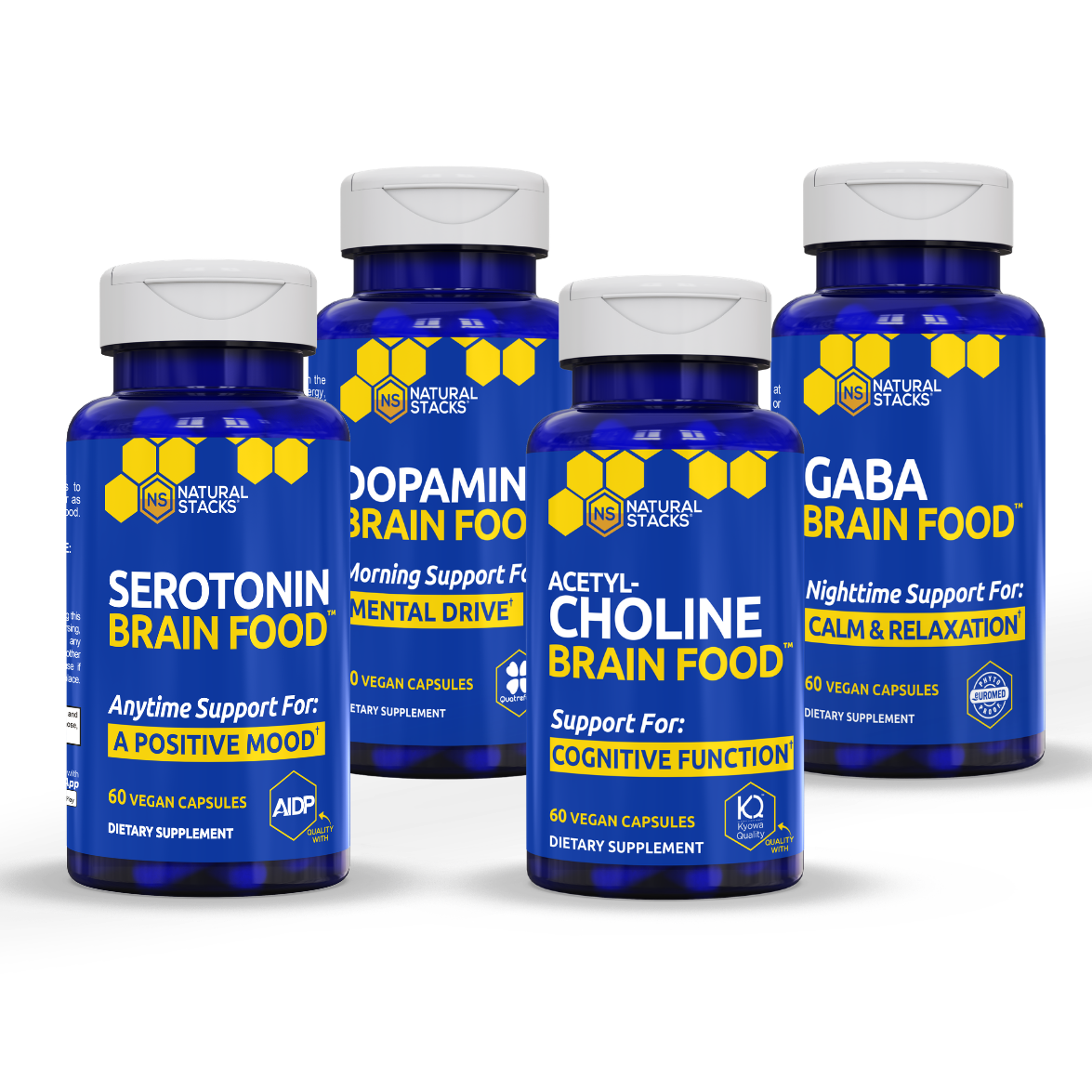 Four bottles of Natural Stacks supplements: Dopamine, Acetylcholine, Serotonin, and GABA Brain Food.