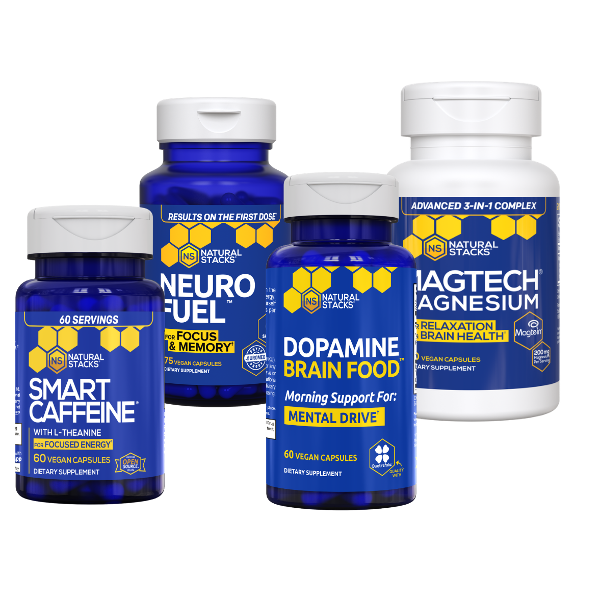 Bottles of Natural Stacks dietary supplements for brain health and focus.