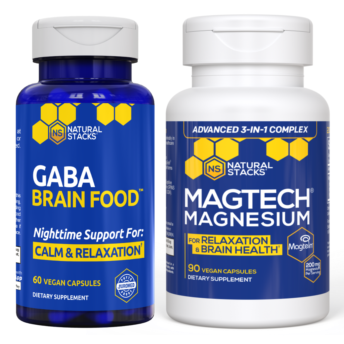 Bottle of GABA Brain Food and bottle of Magtech Magnesium placed side by side 