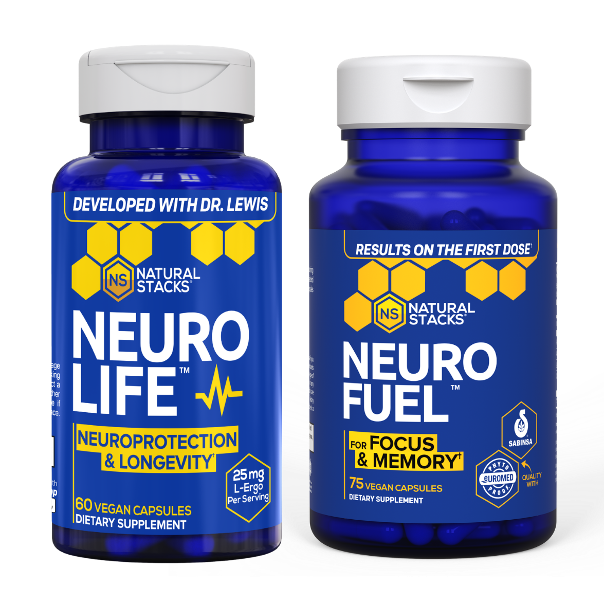 Bottle of NeuroLife and bottle of NeuroFuel placed side by side 