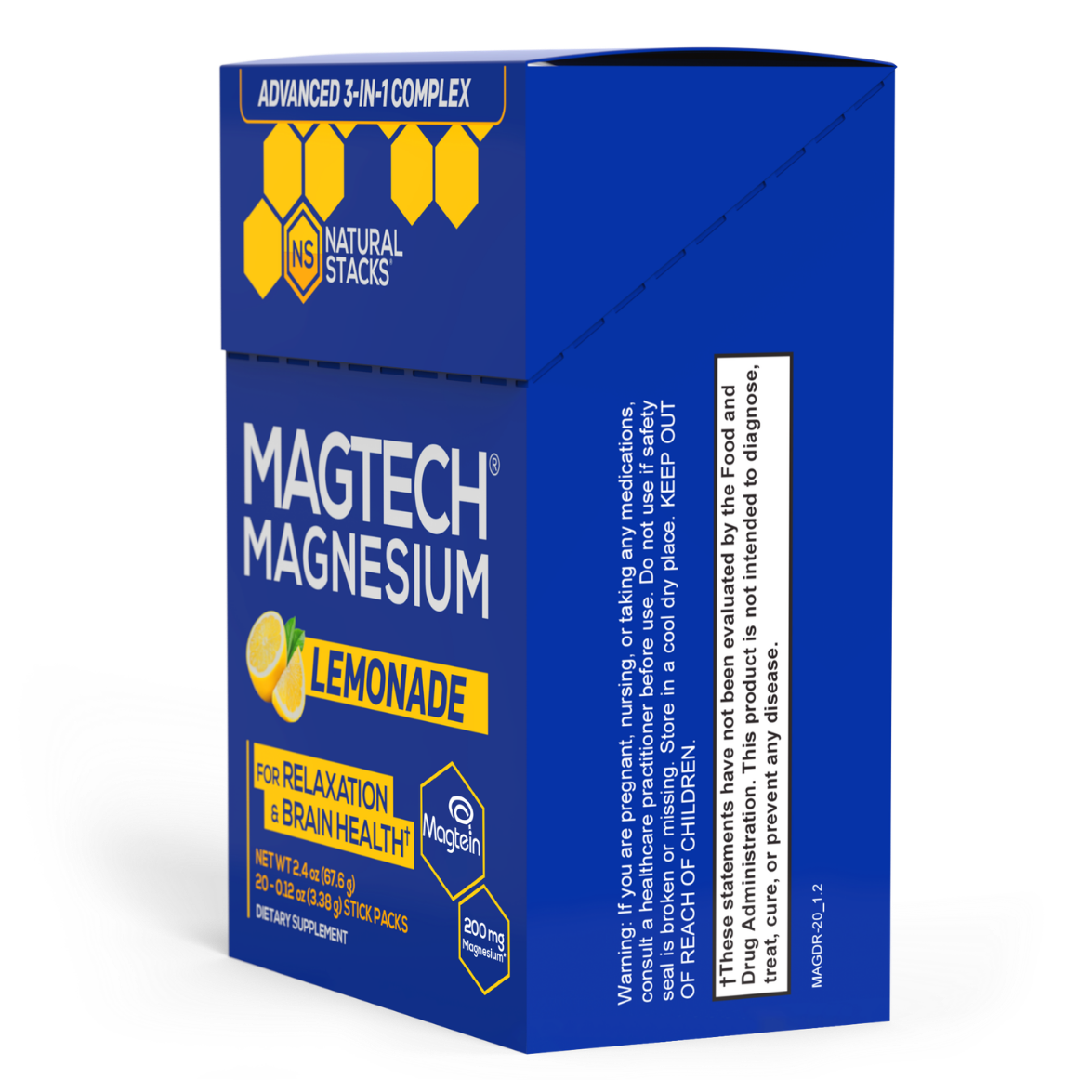 Magtech Magnesium Lemonade box positioned at an angle, showing the front and side of the packaging.