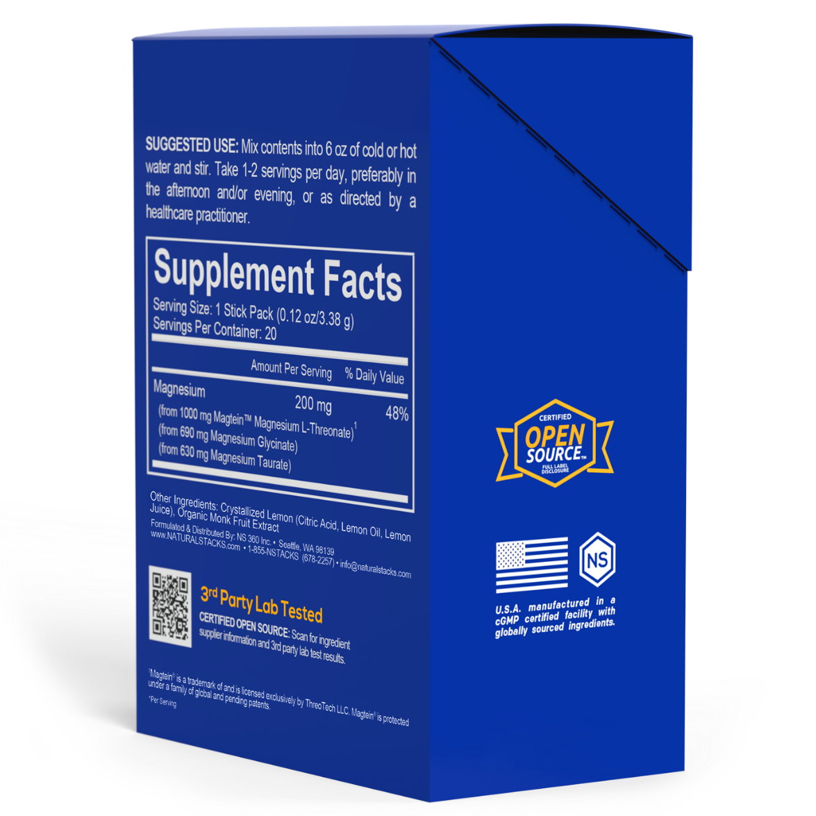 Blue supplement box positioned at an angle, showing the back and side of the packaging with supplement facts.