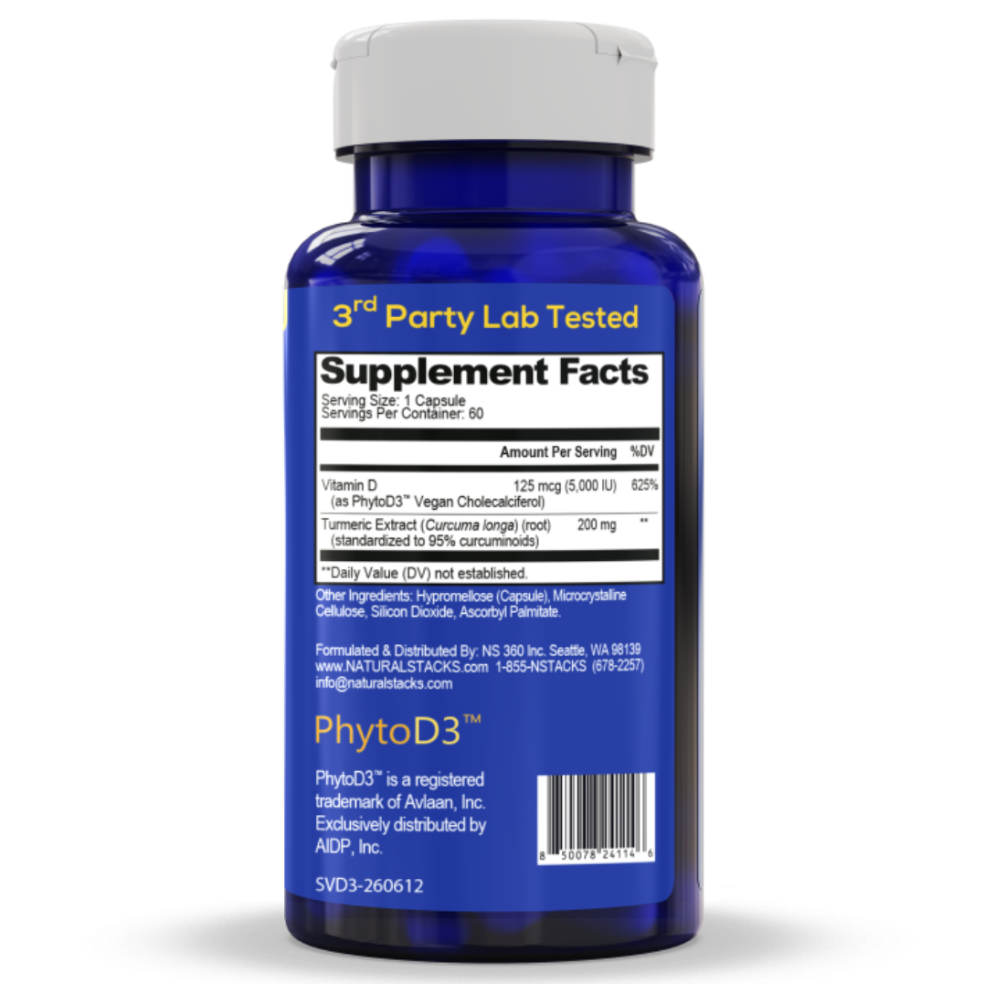 Blue supplement bottle with a white cap and a Supplement Facts label