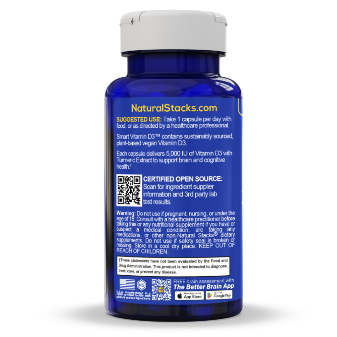 Blue supplement bottle with a white cap and suggested usage wording