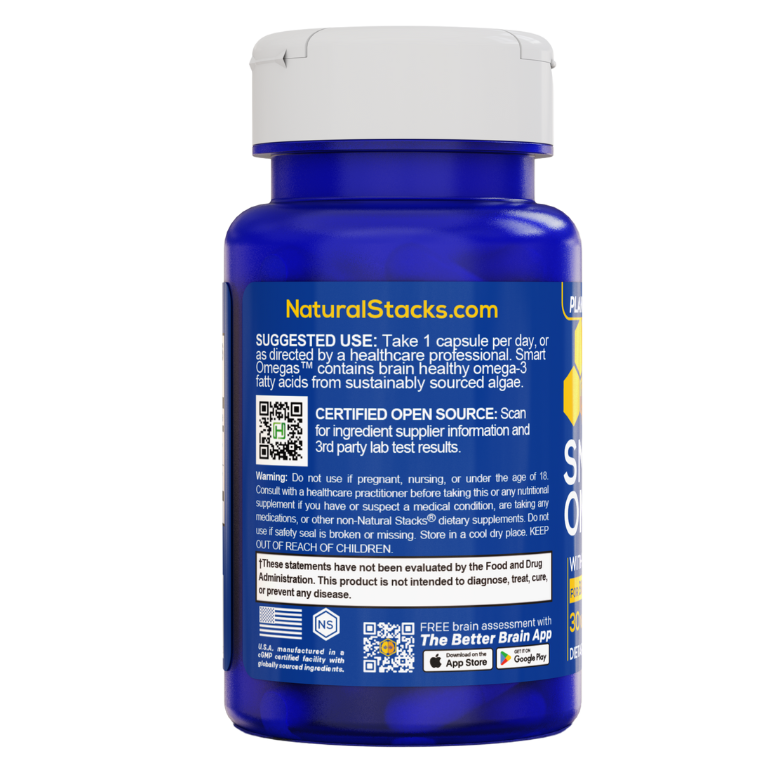 Blue supplement bottle with white cap on a white background