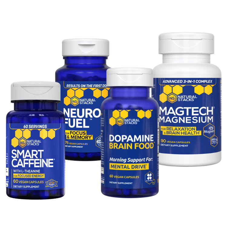 Bottles of Natural Stacks dietary supplements for brain health and focus.