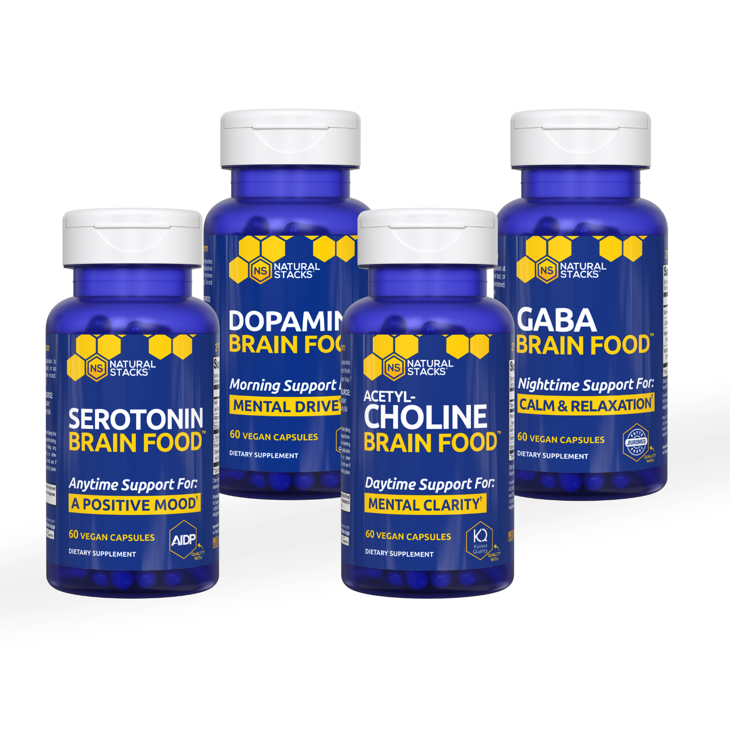 Four bottles of Natural Stacks supplements: Dopamine, Acetylcholine, Serotonin, and GABA Brain Food.