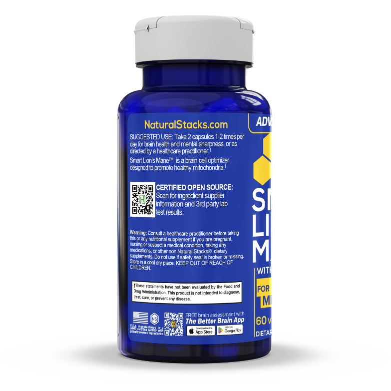 Side of a bottle of Smart Lion's Mane with supplement details