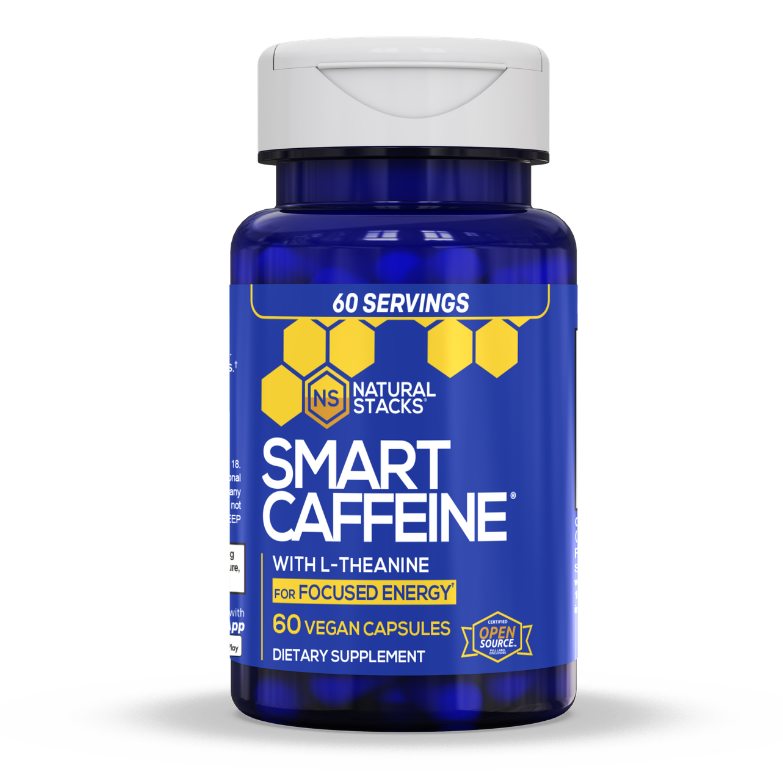 Smart Caffeine supplement bottle with L-Theanine, featuring yellow hexagonal design and blue label.