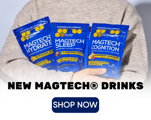 Person holding three packages of Magtech drinks with a promotional banner at the bottom.