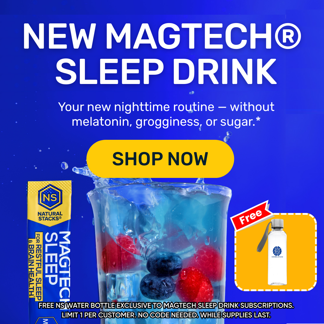 Advertisement for New Magtech Sleep Drink with a blue background, cup of berries, and promotional text.