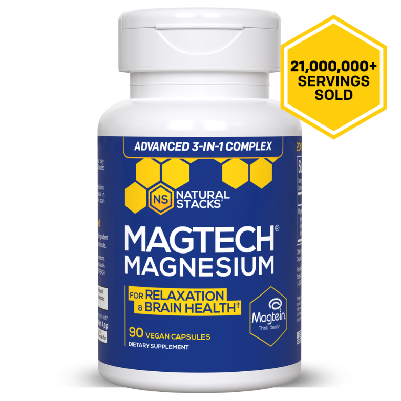 Natural Stacks Magtech Magnesium supplement bottle with hexagon design on label.