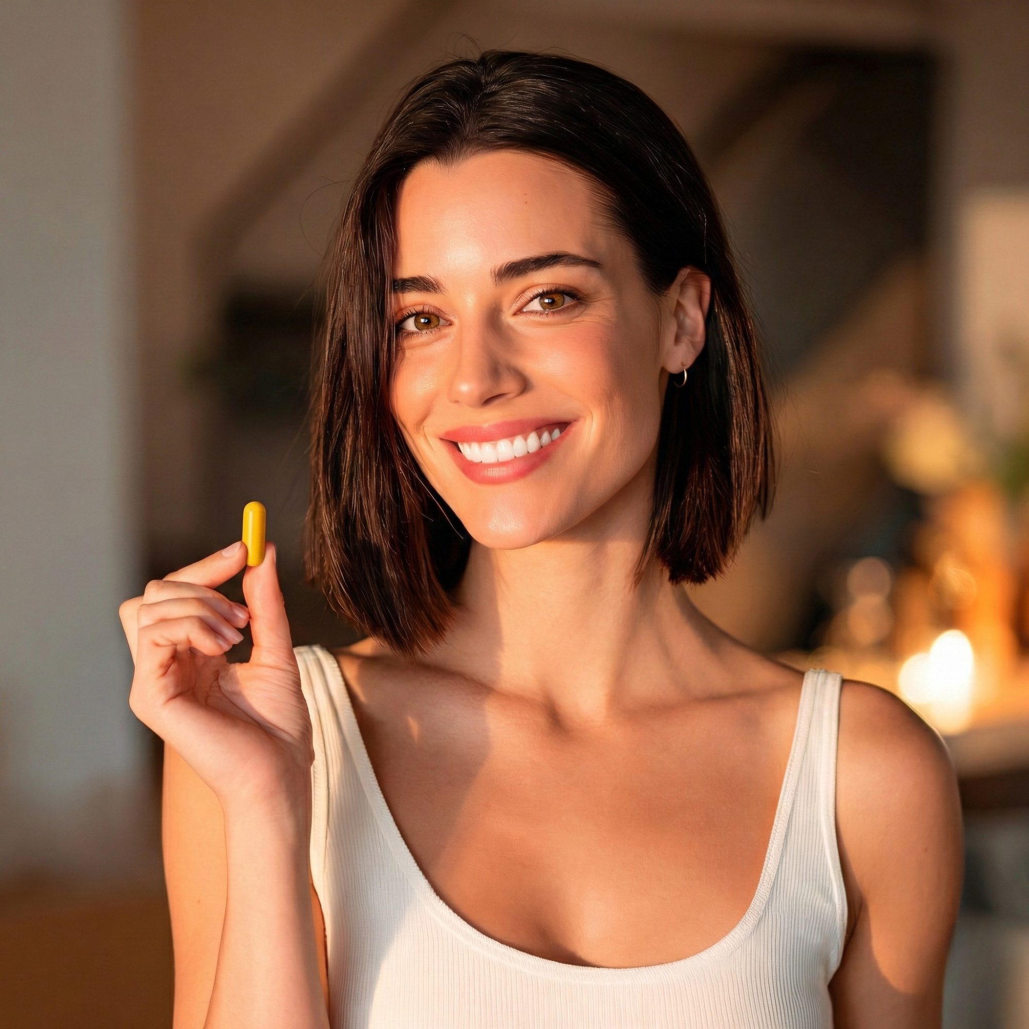 Woman holding a yellow object in a warm indoor setting