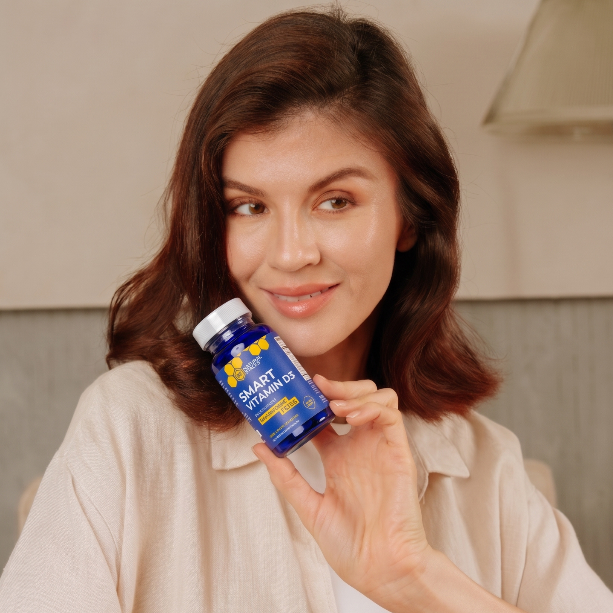 Woman holding a bottle of Smart Vitamin D3 in a relaxed, natural lifestyle setting with soft lighting.