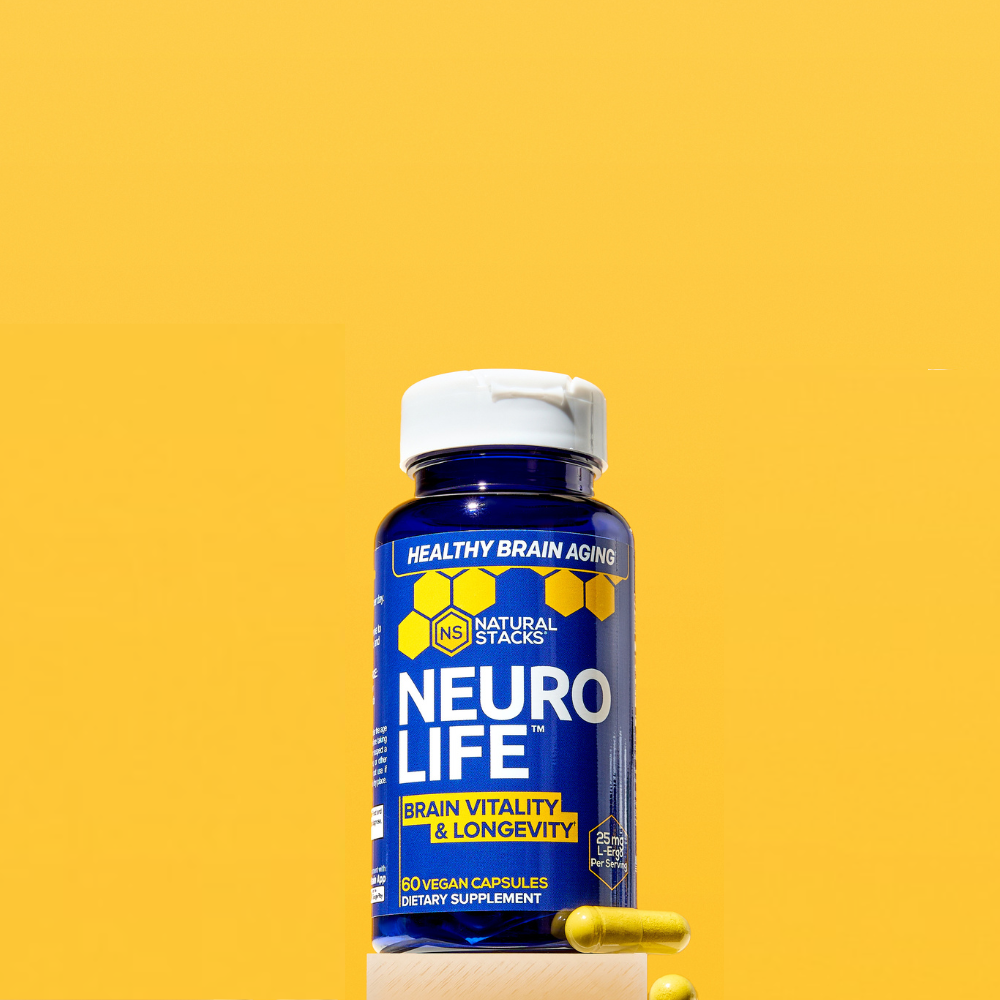 Supplement bottle labeled 'Neuro Life' on a yellow background