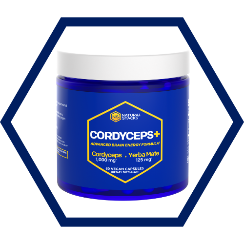 Blue container of Cordyceps supplement with visible label on a white background