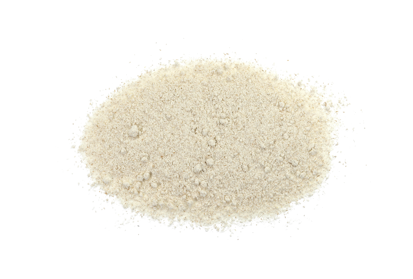 Pile of fine, beige powder against a white background.