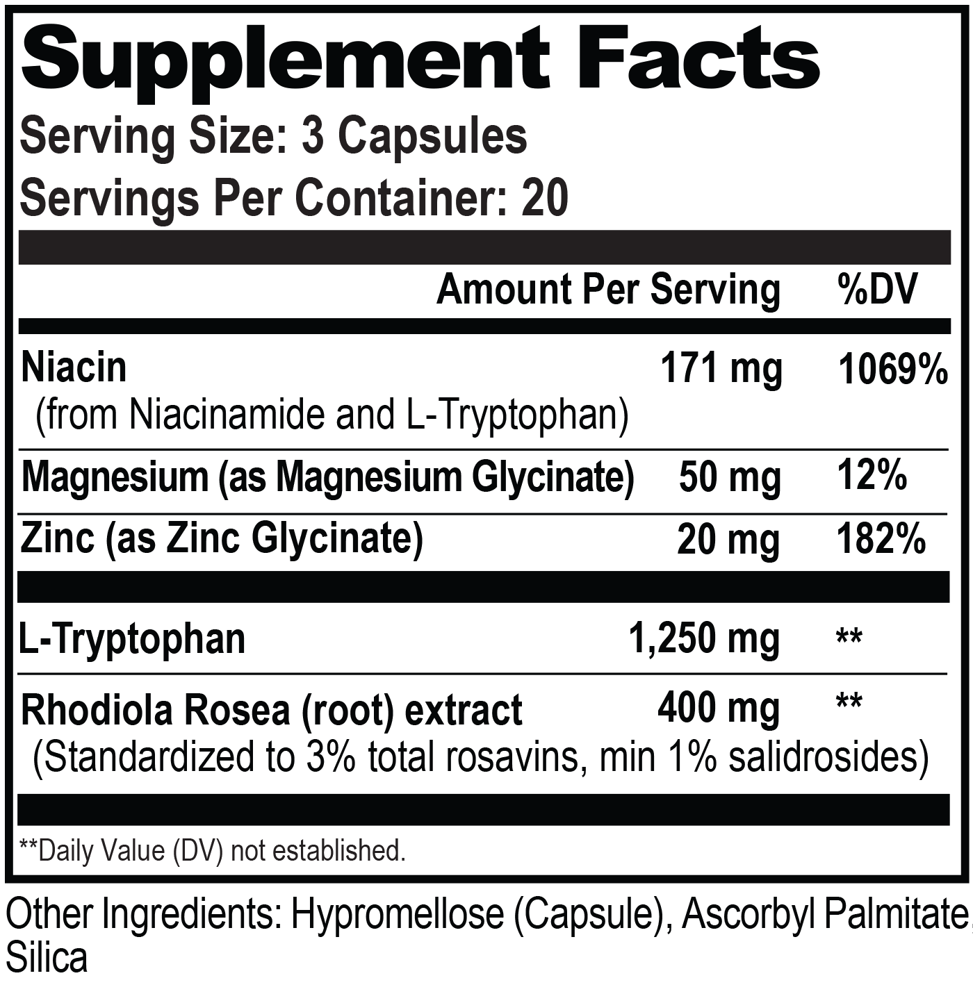 Supplement facts label listing ingredients such as niacin, magnesium, zinc, L-tryptophan, and Rhodiola Rosea root extract.