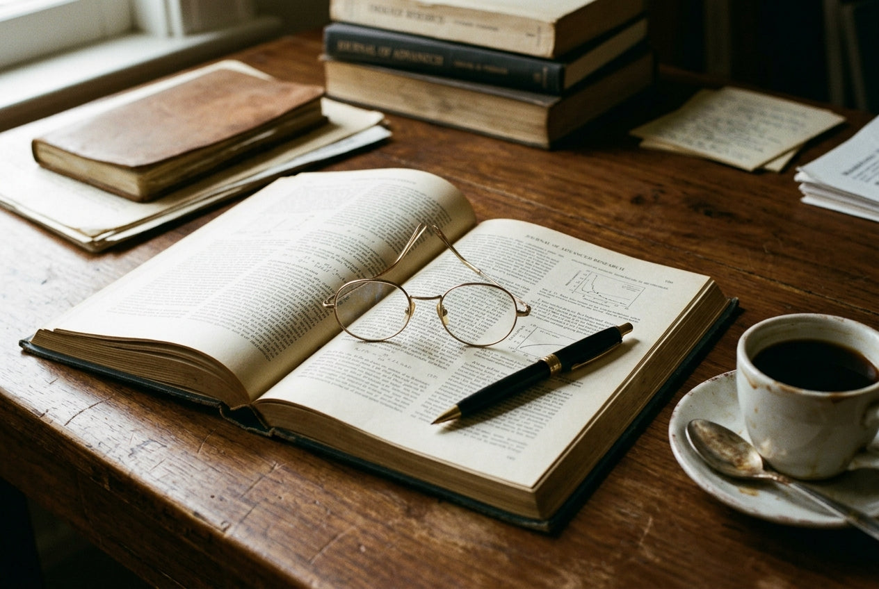 Open scientific journal with reading glasses and pen on a warm walnut desk — peer-reviewed evidence