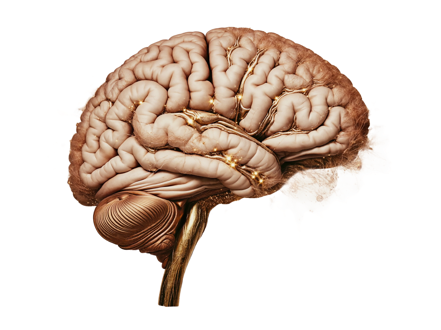 Editorial illustration of a brain with delicate neural connections fraying and breaking apart as dopamine runs low