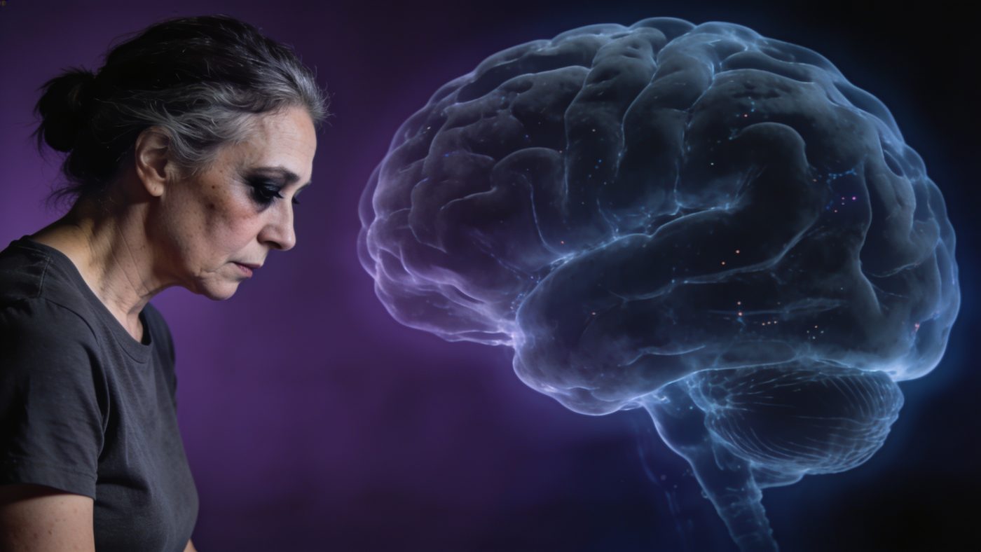 A woman in her fifties in profile beside a dim, barely-active brain scan