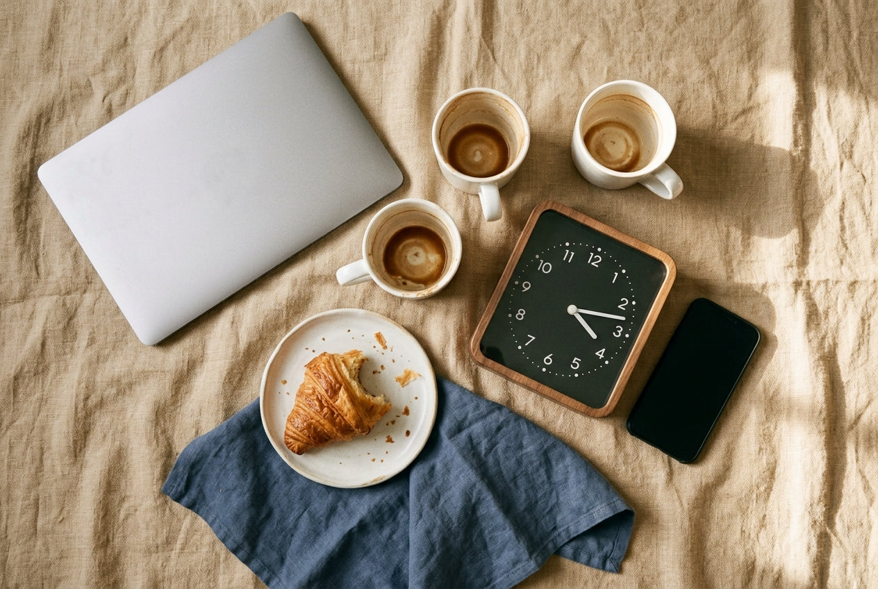 Overhead flat lay of empty coffee mugs, half-eaten croissant, closed laptop, phone face-down, and analog clock on warm linen — the depleted afternoon