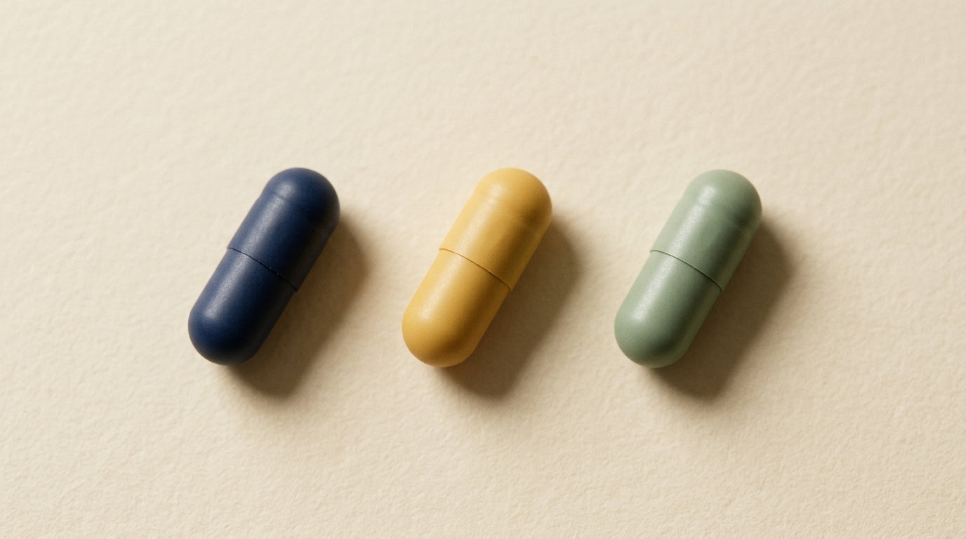 Three magnesium capsules — navy Magtein, yellow Glycinate, sage Taurate — on warm cream paper